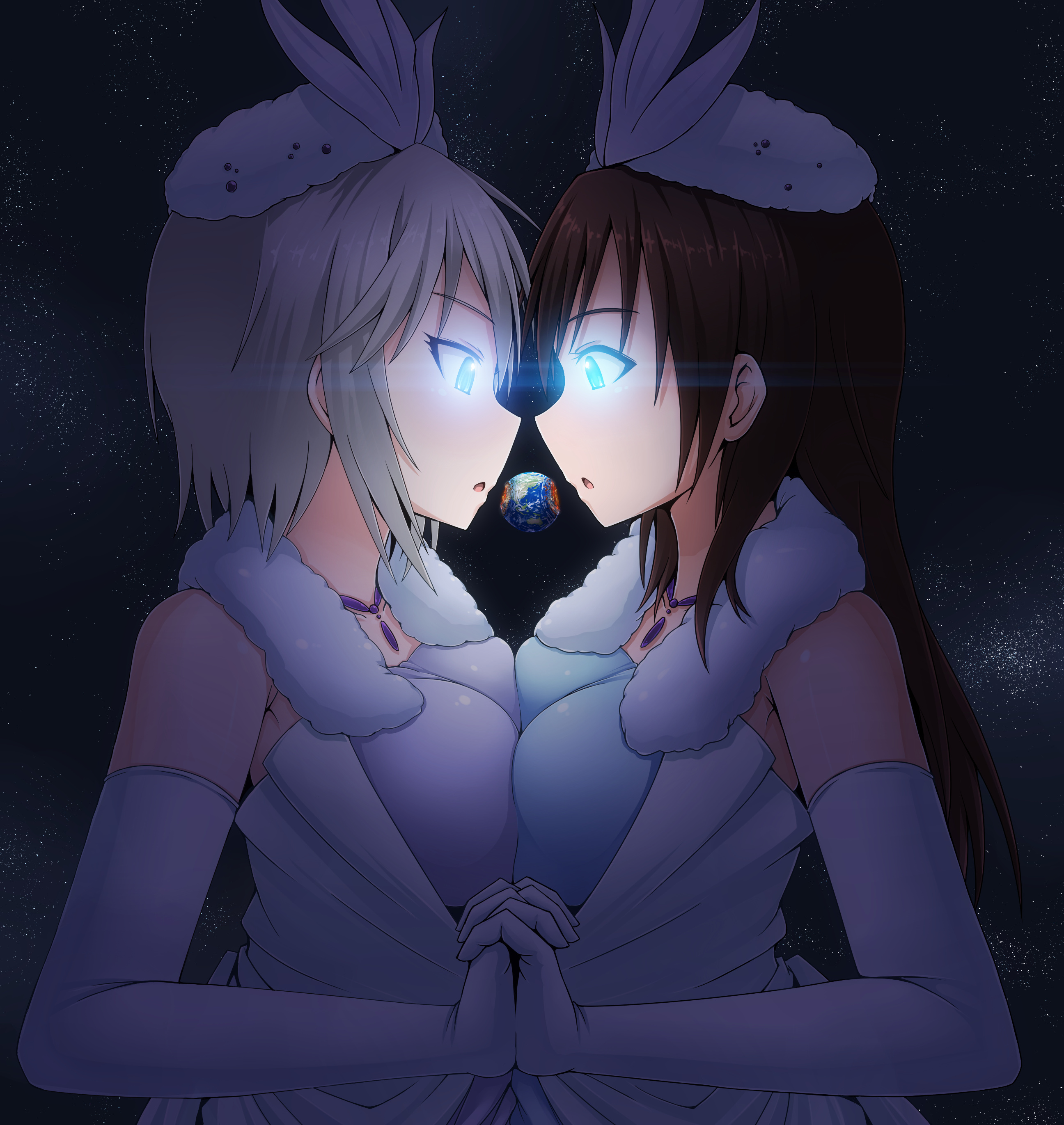 Anastasia and Minami stand before each other, hands clasped and breasts pressed together, about close enough to kiss.  Both of them are staring in disbelief slightly below each other's eye level, at the Earth, about the size of a meatball compared to them.  Their breath alone is enough to produce fiery craters on either side of the planet, vaporizing much of the surface.  Their eyes glow brilliantly in the black void of space: Anastasia's glow icy blue while Minami's glow sky blue.
